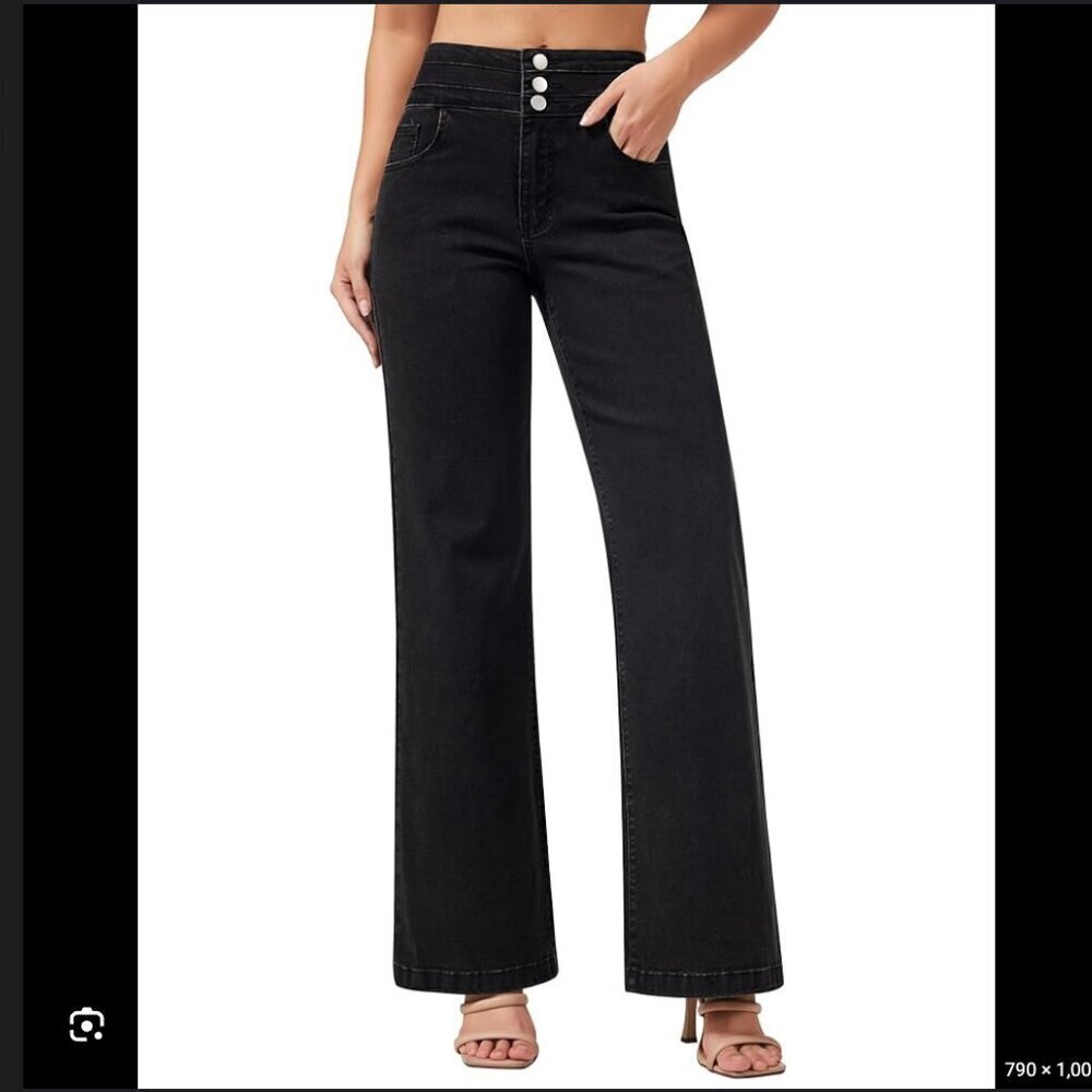Roswear Women's Sz Medium Wide Leg High Waisted Jeans Black Three Button Stretch
